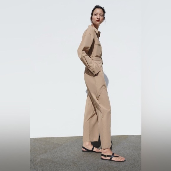 ZARA Sz L Boiler Suit Tan Belted Jumpsuit long Sleeve Patch Pockets Loose Leg - Picture 2 of 10